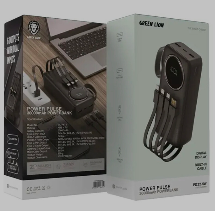 پاور بانک فست شارژ گرین لاین مدل Power Pulse GL-PX13 PD QC3.0 22.5W ظرفیت 30000 میلی آمپر ساعت